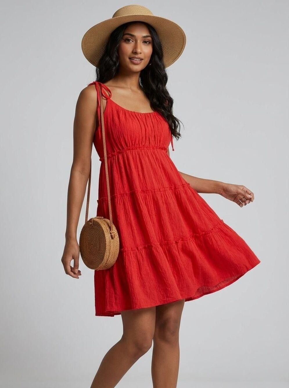 NWT Rhea Poppy Womens L/XL Red Tie Shoulder Ruffle Tiered Lined Mini Dress Boho